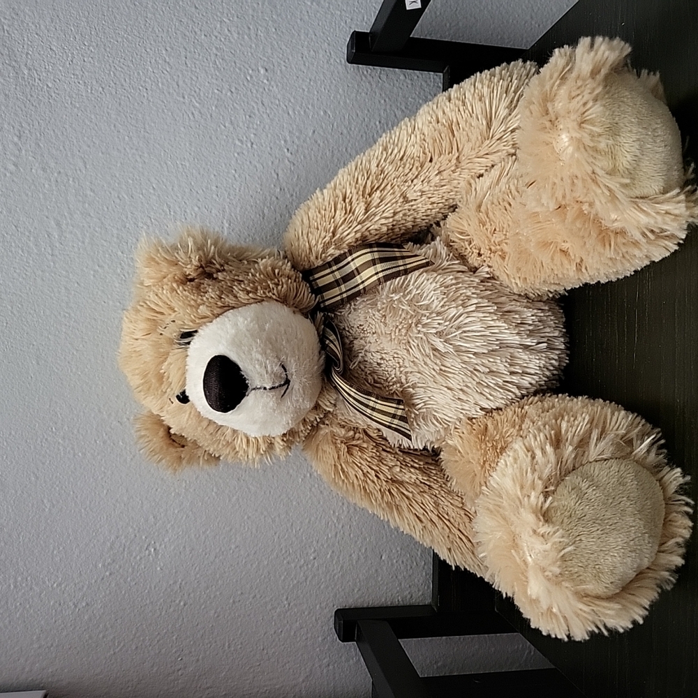 Plush Tan Teddy Bear with Plaid Bow